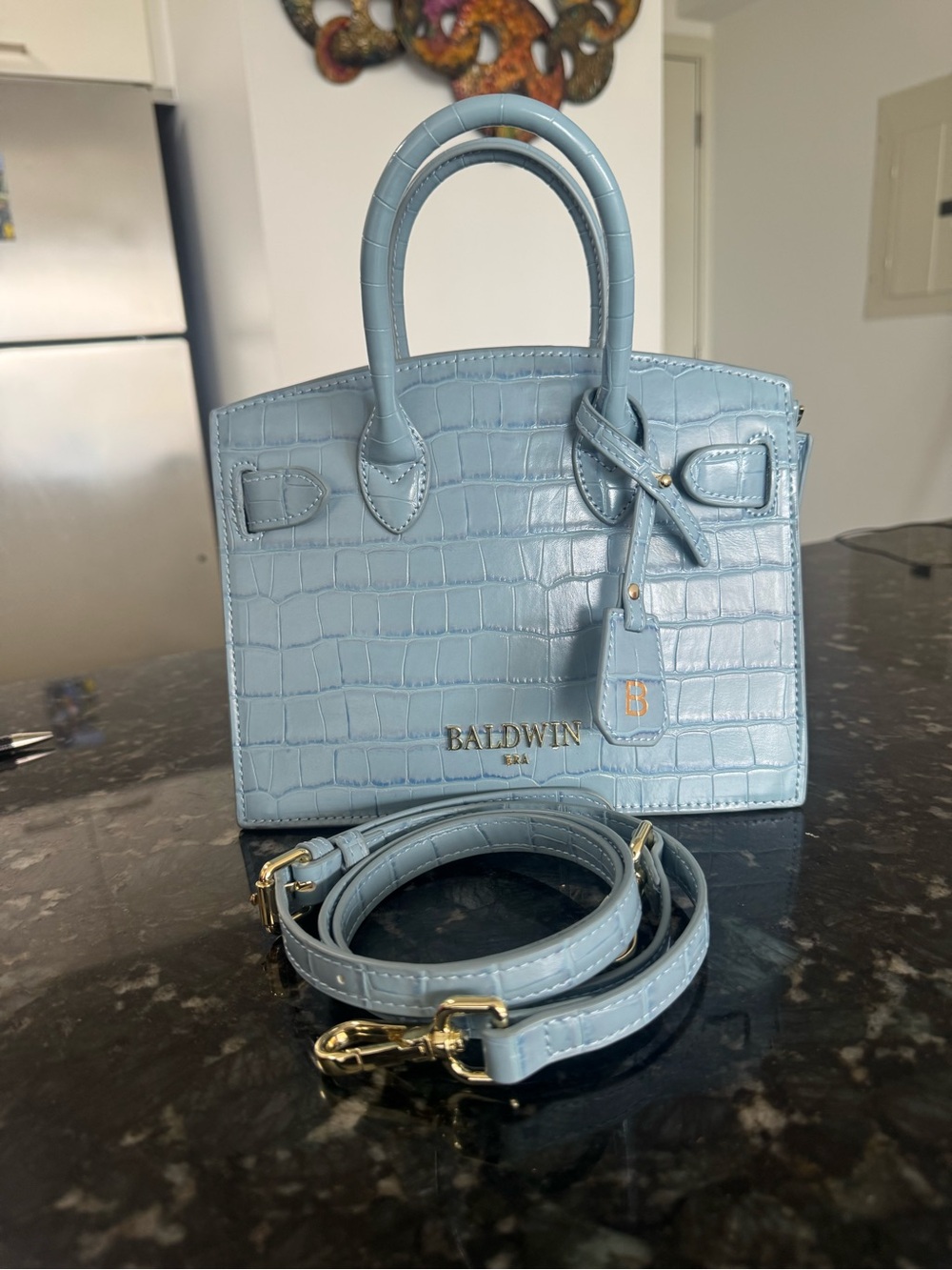 baldwin Powder Blue Croc-Embossed Handbag